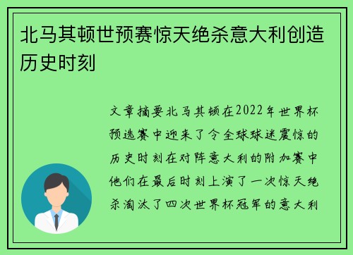 北马其顿世预赛惊天绝杀意大利创造历史时刻
